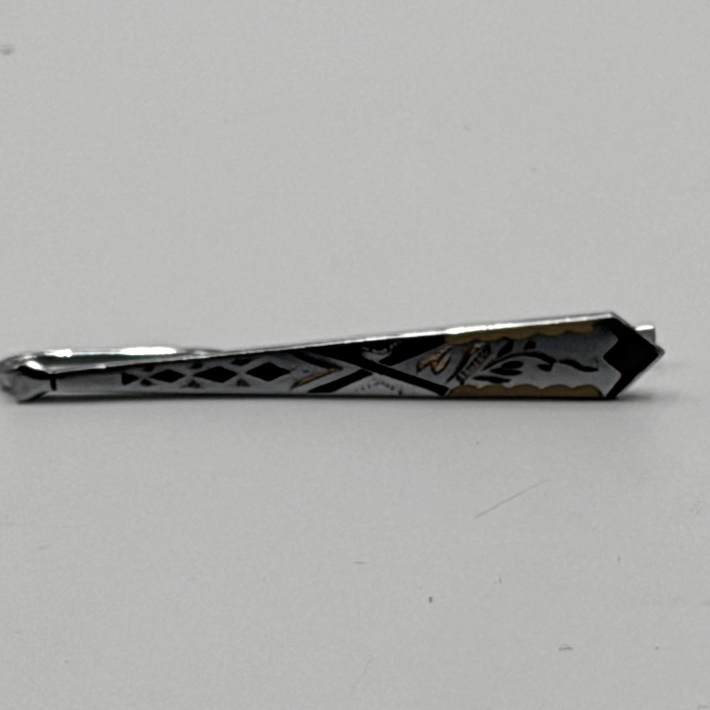 Vintage Mens Silver Gold Black Etched Floral Geometric Tapered Tie Clip 2 Inch